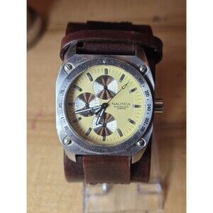 Nautica Men's 38mm Chronograph Stainless Steel Watch. Brown Leather Bund Strap